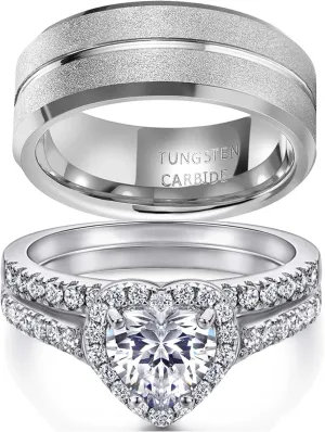 Couple Rings White Gold Plated 925 Sterling Silver Ring 1CT AAAAA Heart CZ Women Wedding Ring Sets Men Tungsten Steel Ring