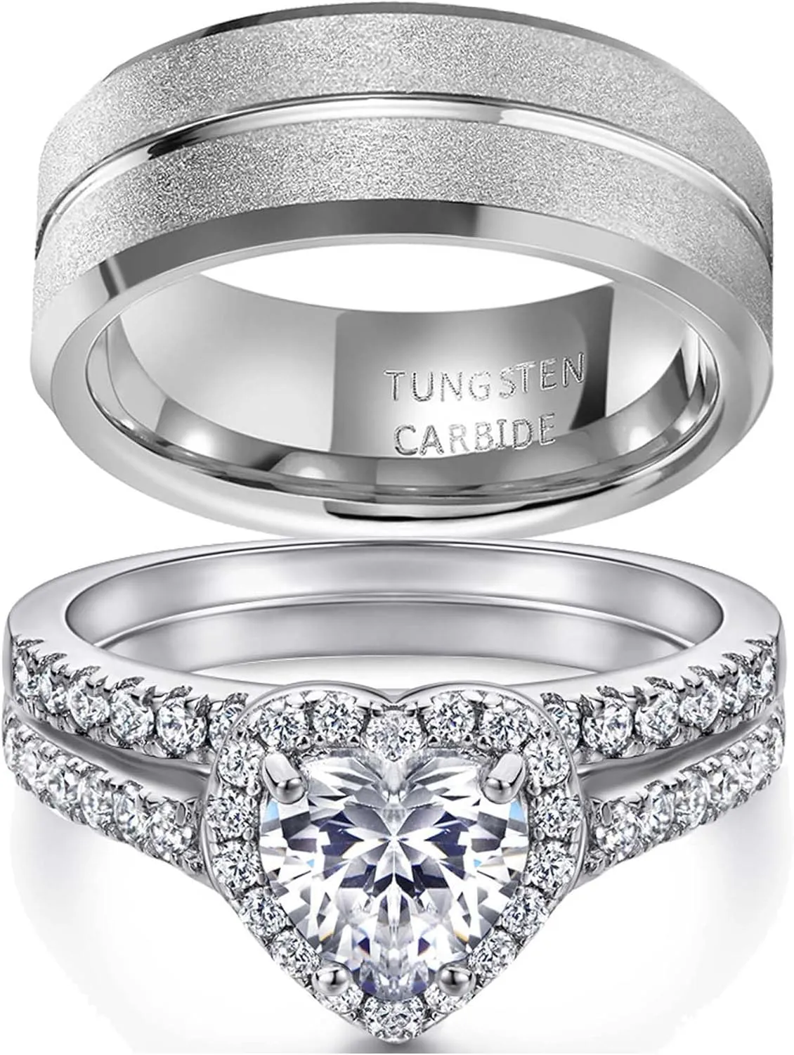Couple Rings White Gold Plated 925 Sterling Silver Ring 1CT AAAAA Heart CZ Women Wedding Ring Sets Men Tungsten Steel Ring