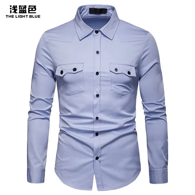 Covrlge Men's Business Shirt Slim Fit New Casual Shirts Mens Double Pocket Long Sleeve Clothes MCL197