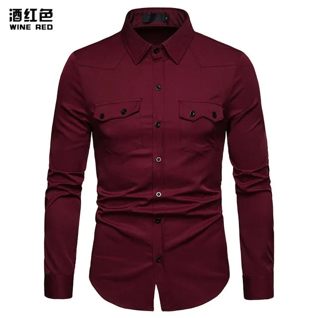 Covrlge Men's Business Shirt Slim Fit New Casual Shirts Mens Double Pocket Long Sleeve Clothes MCL197