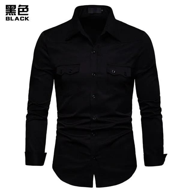 Covrlge Men's Business Shirt Slim Fit New Casual Shirts Mens Double Pocket Long Sleeve Clothes MCL197
