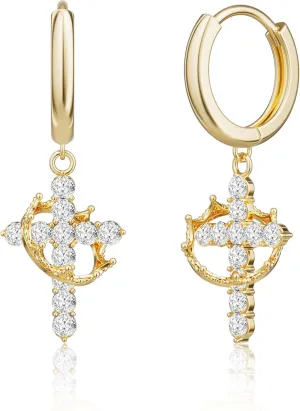 Crown Cross Drop Dangle Earrings Trendy 14K Gold Plated Silver Small Huggie Hoop Earrings for Women Dainty Hypoallergenic Lightweight Earring Jewelry