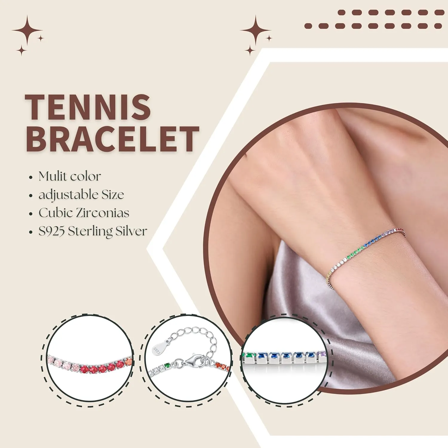 Cubic Zirconia Tennis Bracelet with Multicolor and White Stones, 925 Sterling Silver Bracelet Jewelry Gifts for Women