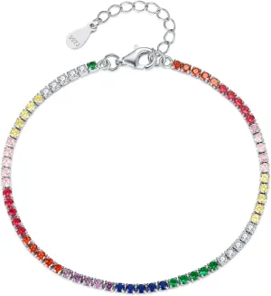 Cubic Zirconia Tennis Bracelet with Multicolor and White Stones, 925 Sterling Silver Bracelet Jewelry Gifts for Women