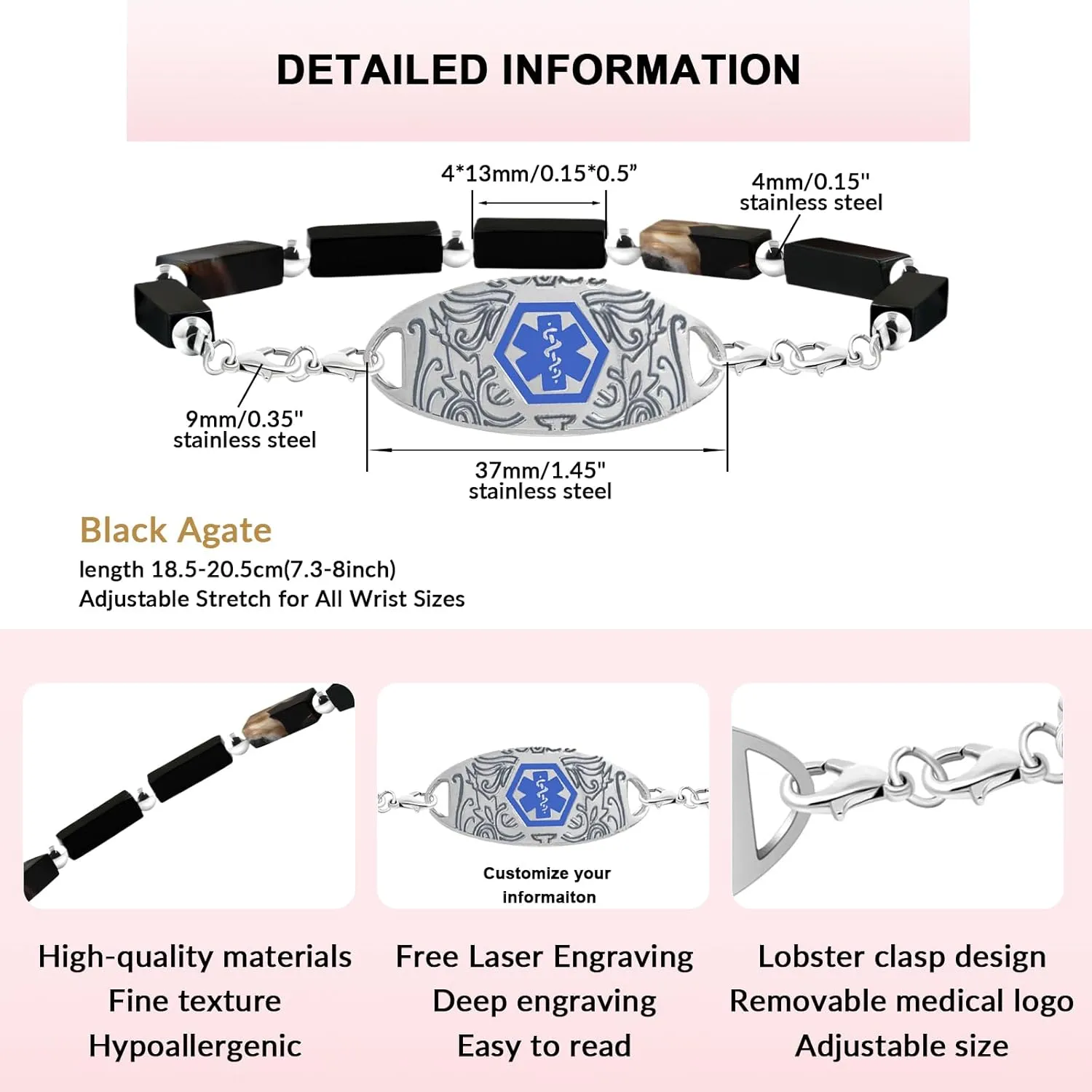 Custom Gemstone Medical ID Bracelets Engraved with Allergy, Diabetes, Epilepsy Alert Information for Women & Men