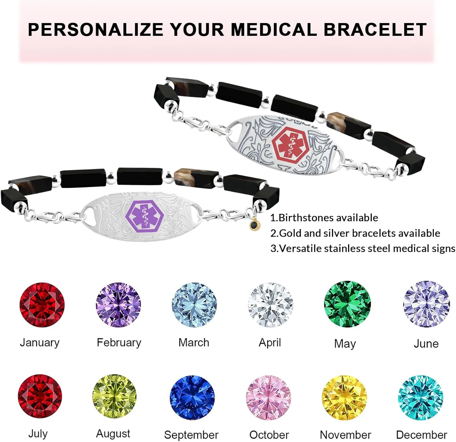 Custom Gemstone Medical ID Bracelets Engraved with Allergy, Diabetes, Epilepsy Alert Information for Women & Men