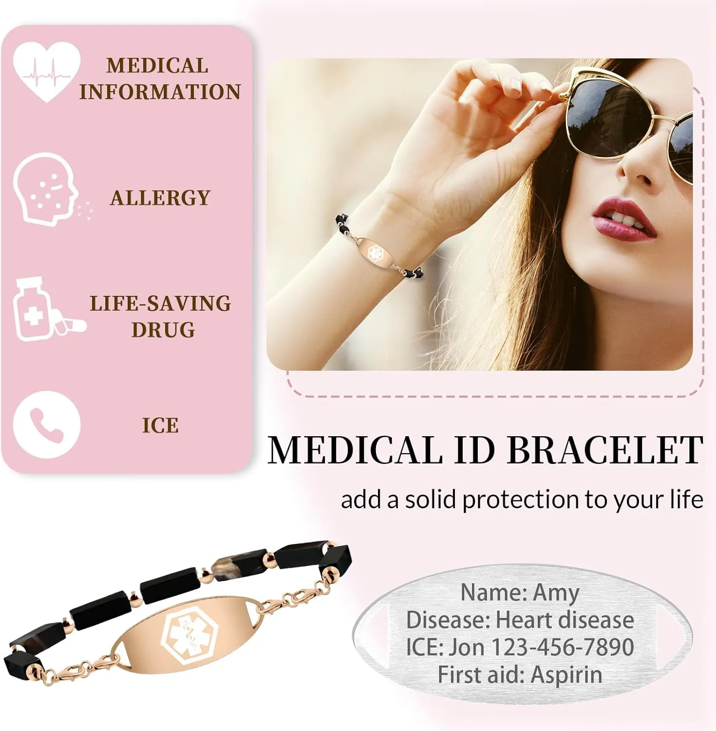 Custom Gemstone Medical ID Bracelets Engraved with Allergy, Diabetes, Epilepsy Alert Information for Women & Men