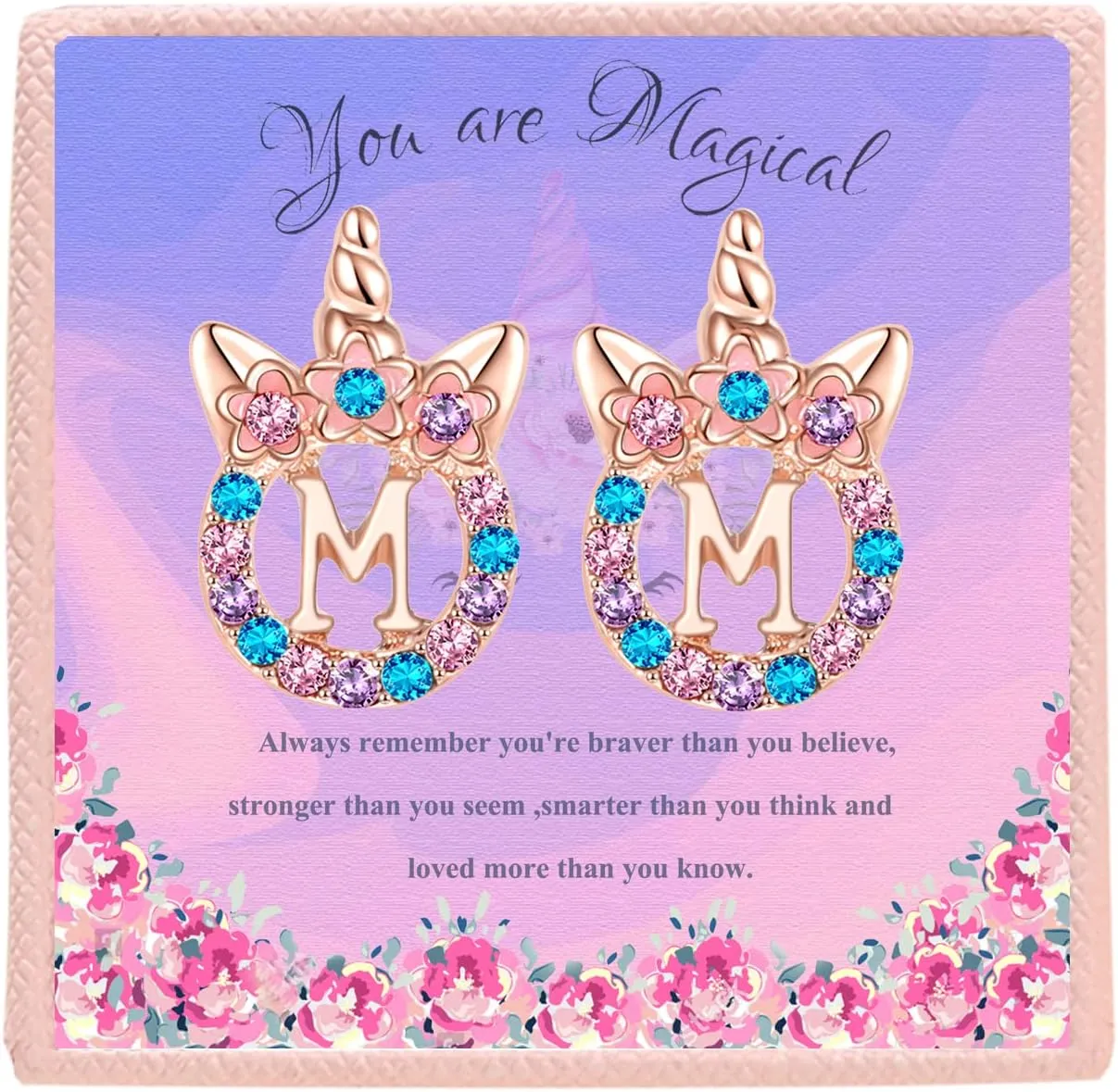 Cute Rose Gold Silver Initial Unicorn Hypoallergenic Stud Earrings Rhinestone Initial Letter Stud Earrings for Girls Unicorns Jewelry Gifts for Kids Toddler