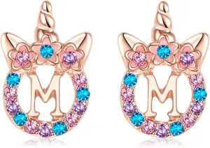 Cute Rose Gold Silver Initial Unicorn Hypoallergenic Stud Earrings Rhinestone Initial Letter Stud Earrings for Girls Unicorns Jewelry Gifts for Kids Toddler