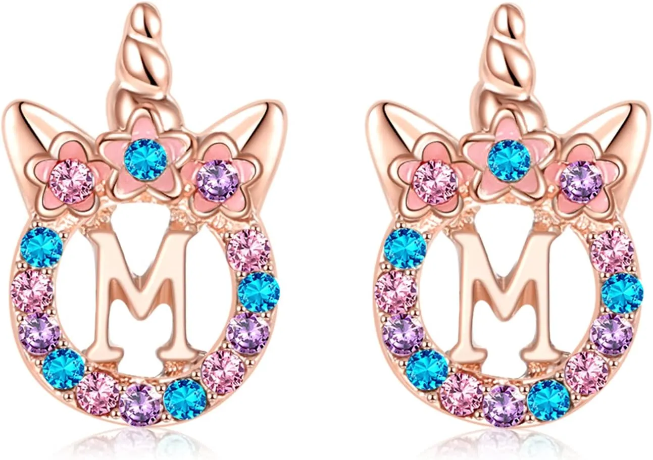 Cute Rose Gold Silver Initial Unicorn Hypoallergenic Stud Earrings Rhinestone Initial Letter Stud Earrings for Girls Unicorns Jewelry Gifts for Kids Toddler
