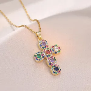 CZ Cross Necklace for Women 18K Gold Plated Colour Cubic Zirconia Cross Faith Pendant Necklaces Trendy Gold Chains Chokers