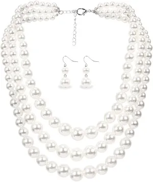Daimay Multi-Layer Pearl Chokers - Bridal Choker Necklace for Wedding Party Jewelry - 20s Flapper Style with Earring - White