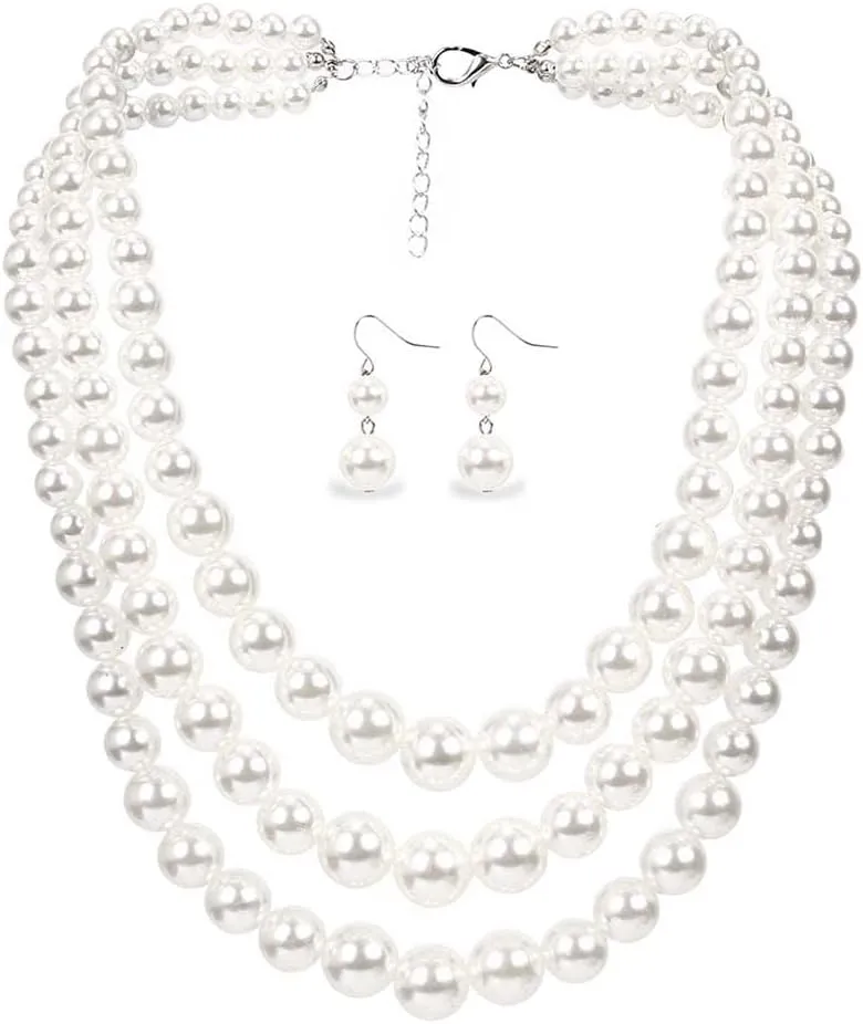 Daimay Multi-Layer Pearl Chokers - Bridal Choker Necklace for Wedding Party Jewelry - 20s Flapper Style with Earring - White