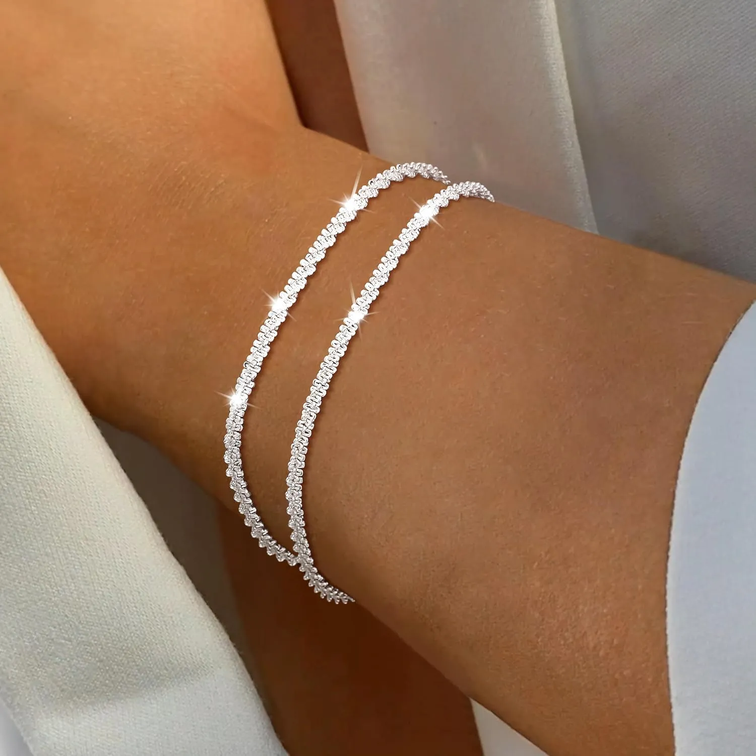 Dainty Bracelets for Women, Sterling Silver/14K Gold Plated Layered Bracelets, Adjustable Bracelet for Women Waterproof Beaded Paperclip Zirconia Tennis Chain Jewelry for Women Trendy