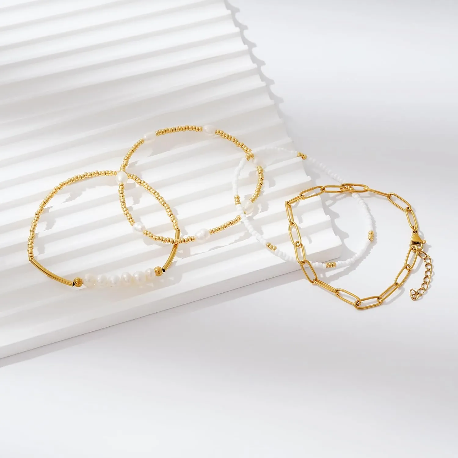 Dainty Gold Pearl Crystal Beaded Bracelets Set for Women 14K Real Gold Plated Bead Pearl Crystal Beads Bracelet Stackable Paperclip Link Chain Bracelets Gold Bracelets for Women Trendy Jewelry