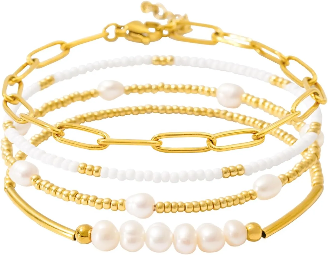 Dainty Gold Pearl Crystal Beaded Bracelets Set for Women 14K Real Gold Plated Bead Pearl Crystal Beads Bracelet Stackable Paperclip Link Chain Bracelets Gold Bracelets for Women Trendy Jewelry