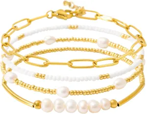 Dainty Gold Pearl Crystal Beaded Bracelets Set for Women 14K Real Gold Plated Bead Pearl Crystal Beads Bracelet Stackable Paperclip Link Chain Bracelets Gold Bracelets for Women Trendy Jewelry
