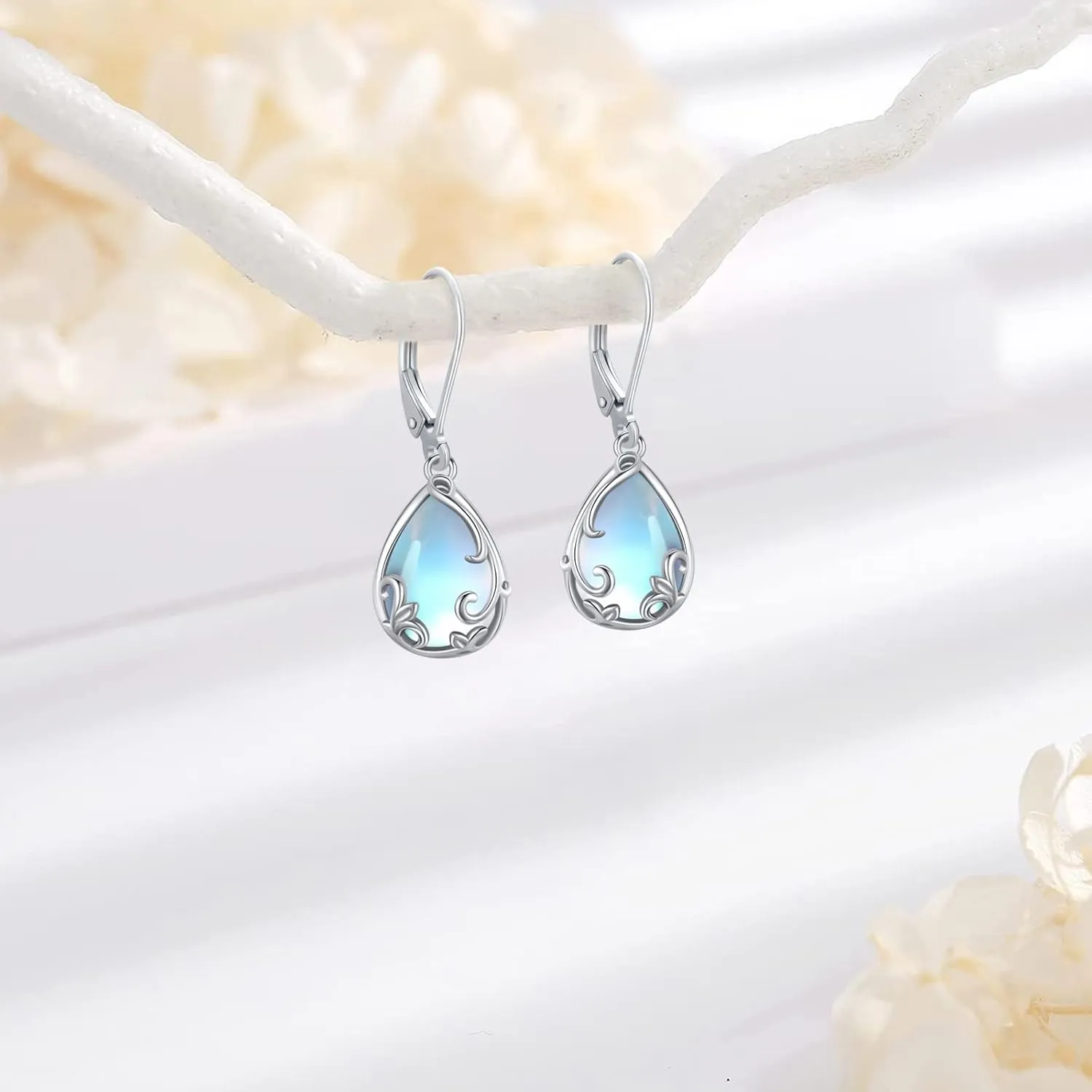 Dangle Earrings Sterling Silver Moonstone/Turquoise/CZ/Crystal Earrings for Women Tree of Life Animal Filigree Leverback Earrings Jewelry Gifts