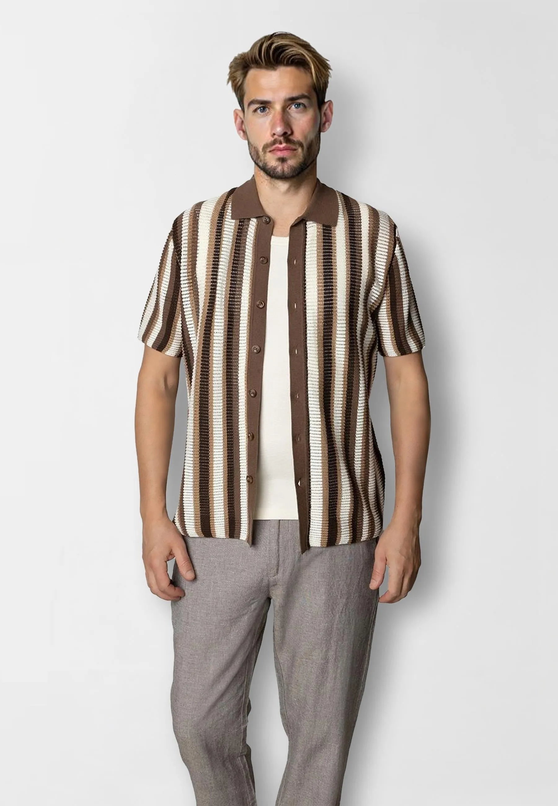 Daniel knitted shirt - Ecru/brown stipe