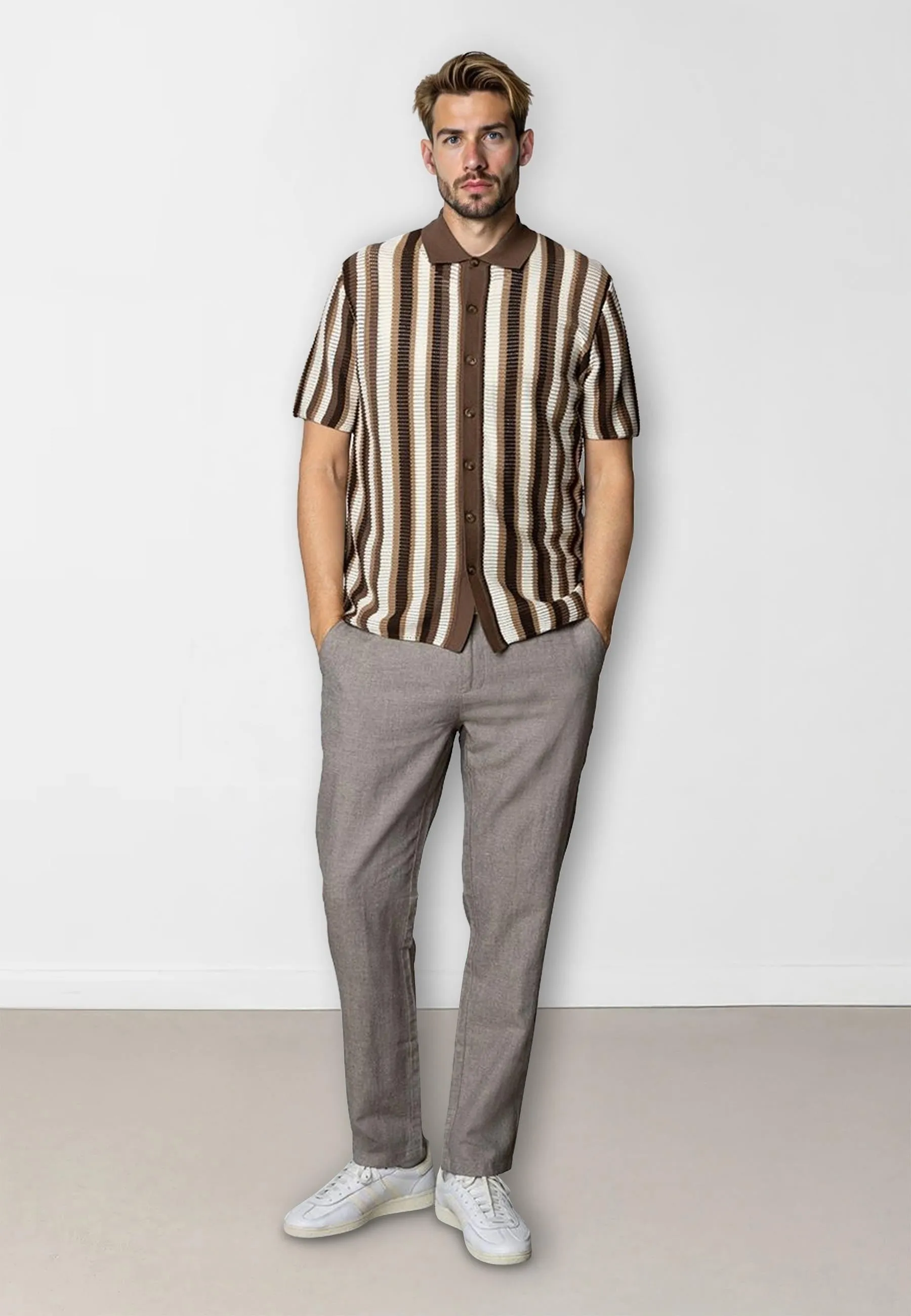 Daniel knitted shirt - Ecru/brown stipe