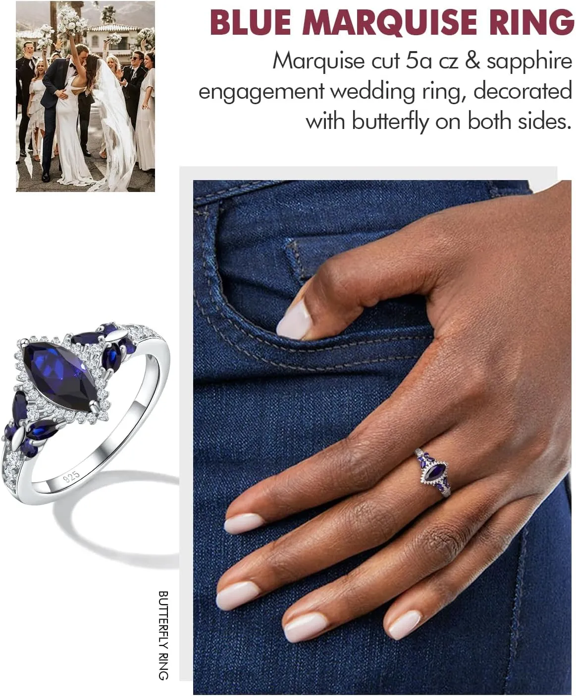 DAYBYDAY Butterfly Birthstone Rings for Women, 925 Sterling Silver Created Gemstone 5A Cubic Zirconia Cushion/Marquise Engagement Ring, 2ct Halo Promise Rings for Her Anniversary Wedding Jewerly