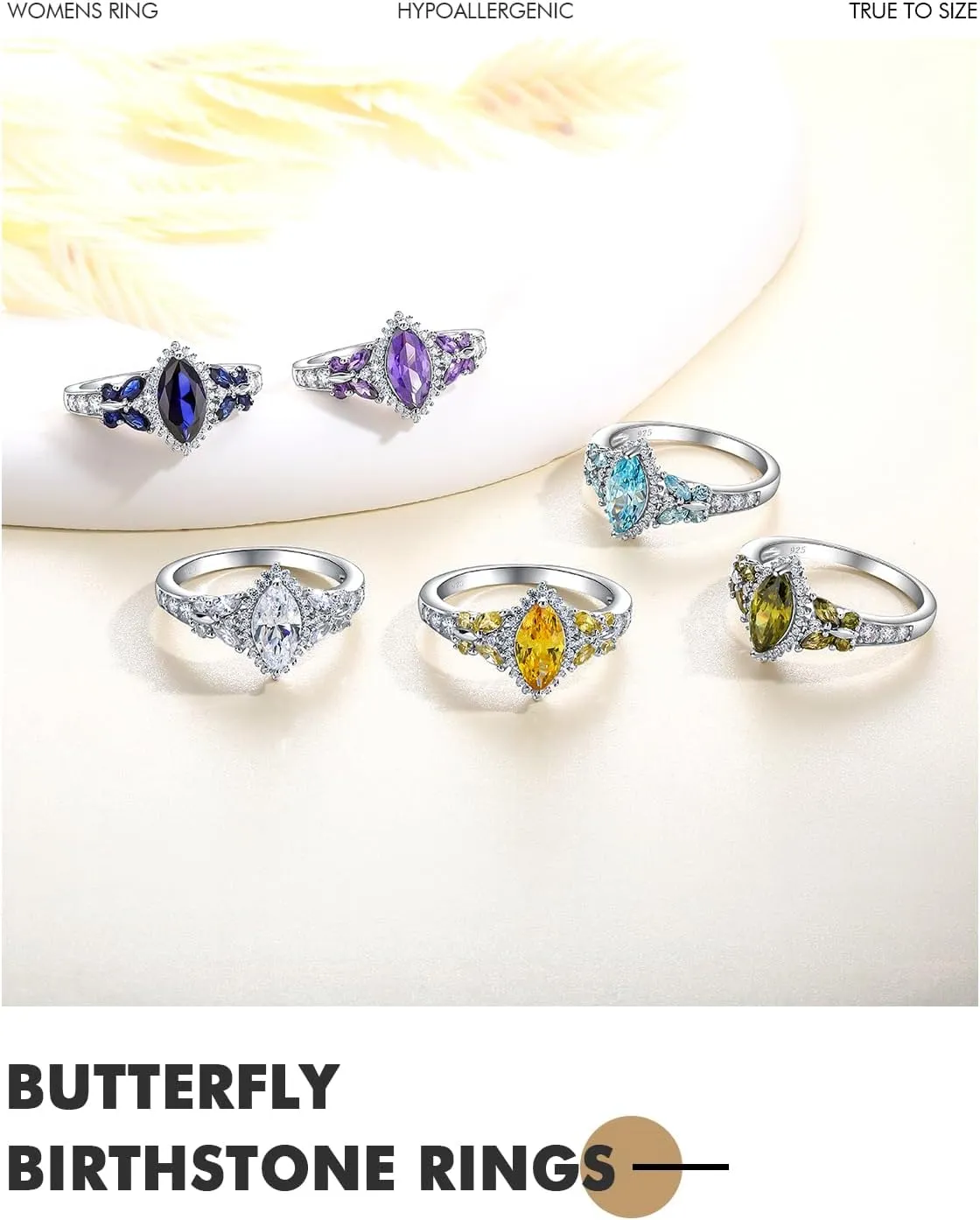 DAYBYDAY Butterfly Birthstone Rings for Women, 925 Sterling Silver Created Gemstone 5A Cubic Zirconia Cushion/Marquise Engagement Ring, 2ct Halo Promise Rings for Her Anniversary Wedding Jewerly