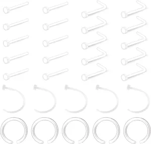 D.Bella 65pcs Mix Style Clear Piercing Retainer Flexible Lip Ear Nose Septum Eyebrow Nipple Tongue Rings Cartilage Tragus Earrings Retainer Bioflex Horseshoe Hoop Industrial Barbell