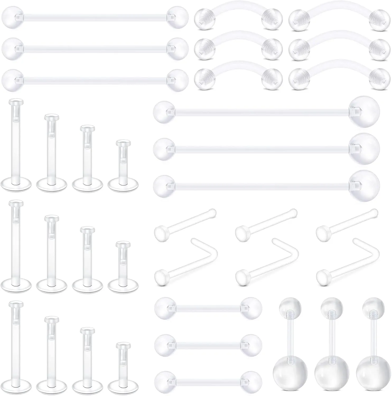 D.Bella 65pcs Mix Style Clear Piercing Retainer Flexible Lip Ear Nose Septum Eyebrow Nipple Tongue Rings Cartilage Tragus Earrings Retainer Bioflex Horseshoe Hoop Industrial Barbell