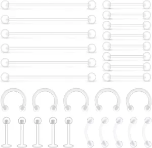 D.Bella 65pcs Mix Style Clear Piercing Retainer Flexible Lip Ear Nose Septum Eyebrow Nipple Tongue Rings Cartilage Tragus Earrings Retainer Bioflex Horseshoe Hoop Industrial Barbell