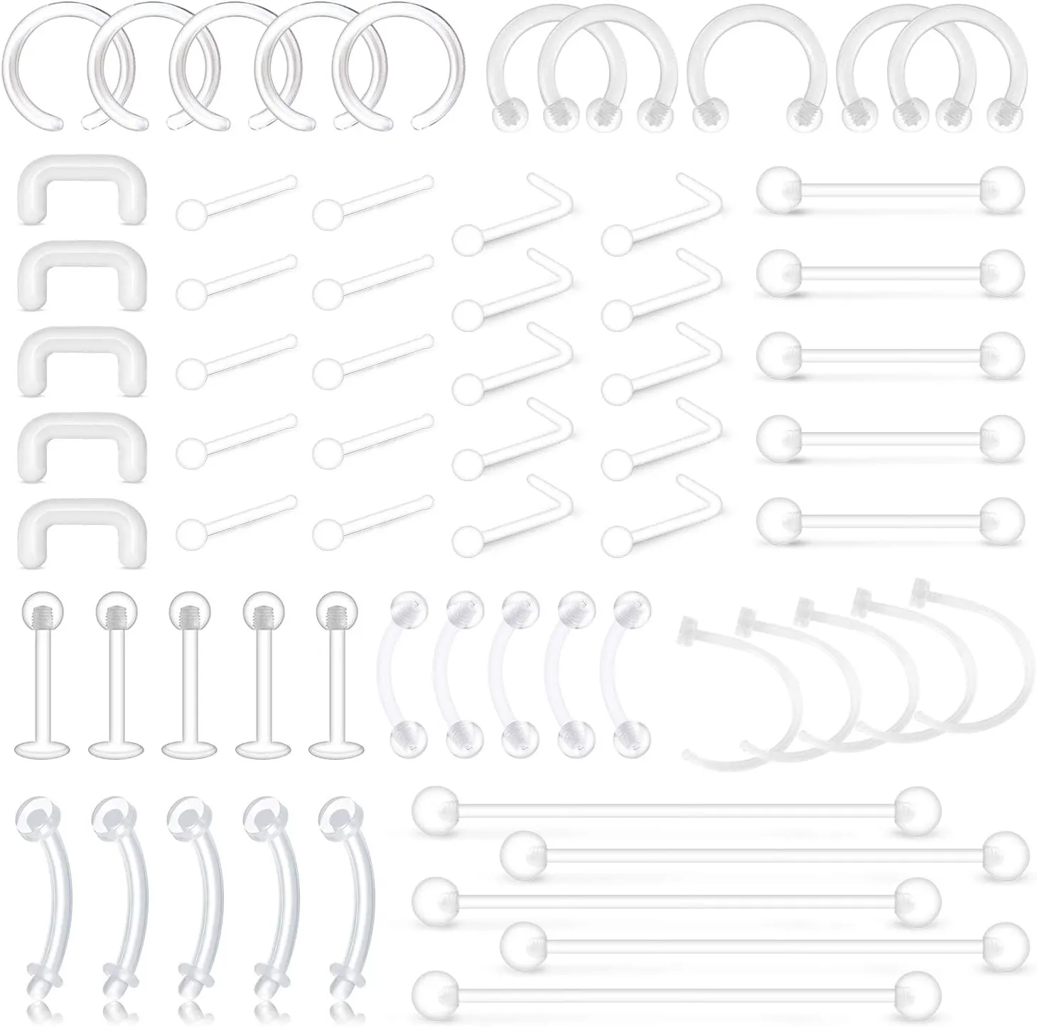 D.Bella 65pcs Mix Style Clear Piercing Retainer Flexible Lip Ear Nose Septum Eyebrow Nipple Tongue Rings Cartilage Tragus Earrings Retainer Bioflex Horseshoe Hoop Industrial Barbell