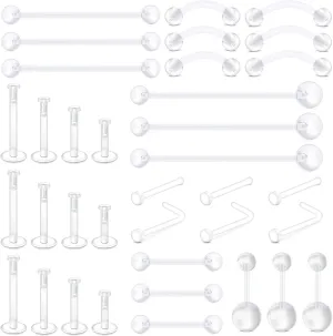 D.Bella 65pcs Mix Style Clear Piercing Retainer Flexible Lip Ear Nose Septum Eyebrow Nipple Tongue Rings Cartilage Tragus Earrings Retainer Bioflex Horseshoe Hoop Industrial Barbell