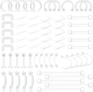 D.Bella 65pcs Mix Style Clear Piercing Retainer Flexible Lip Ear Nose Septum Eyebrow Nipple Tongue Rings Cartilage Tragus Earrings Retainer Bioflex Horseshoe Hoop Industrial Barbell