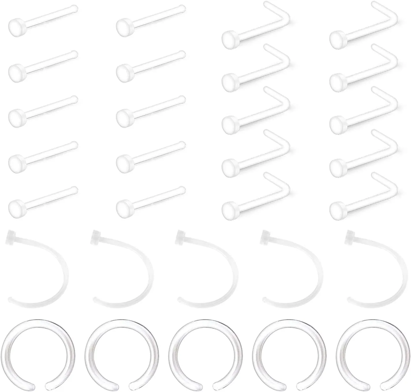 D.Bella 65pcs Mix Style Clear Piercing Retainer Flexible Lip Ear Nose Septum Eyebrow Nipple Tongue Rings Cartilage Tragus Earrings Retainer Bioflex Horseshoe Hoop Industrial Barbell