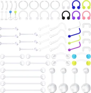 D.Bella 65pcs Mix Style Clear Piercing Retainer Flexible Lip Ear Nose Septum Eyebrow Nipple Tongue Rings Cartilage Tragus Earrings Retainer Bioflex Horseshoe Hoop Industrial Barbell