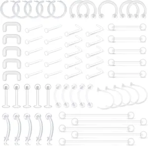 D.Bella 65pcs Mix Style Clear Piercing Retainer Flexible Lip Ear Nose Septum Eyebrow Nipple Tongue Rings Cartilage Tragus Earrings Retainer Bioflex Horseshoe Hoop Industrial Barbell