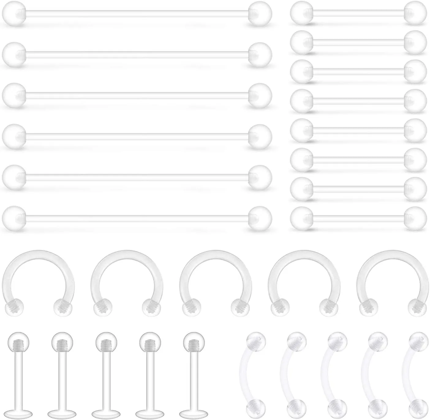 D.Bella 65pcs Mix Style Clear Piercing Retainer Flexible Lip Ear Nose Septum Eyebrow Nipple Tongue Rings Cartilage Tragus Earrings Retainer Bioflex Horseshoe Hoop Industrial Barbell