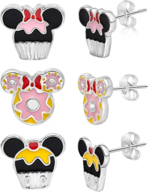 Disney Minnie and Mickey Mouse Earrings 3-Pack Official License, Enamel-Plated Cupcakes and Donuts Stud Earrings