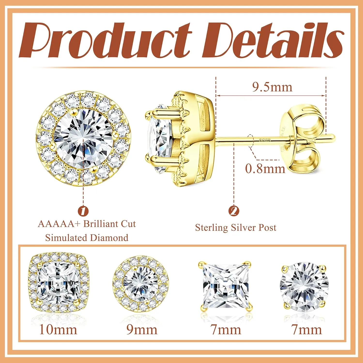 Dochais 4 Pairs 14K Gold Plated Brass Mens Earrings Set with Sterling Silver Post, Hypoallergenic for Sensitive Ears, Stud Earrings for Men and Women, Party/Working/Wedding/Traveling 7mm/9mm/10mm - Gold/Silver