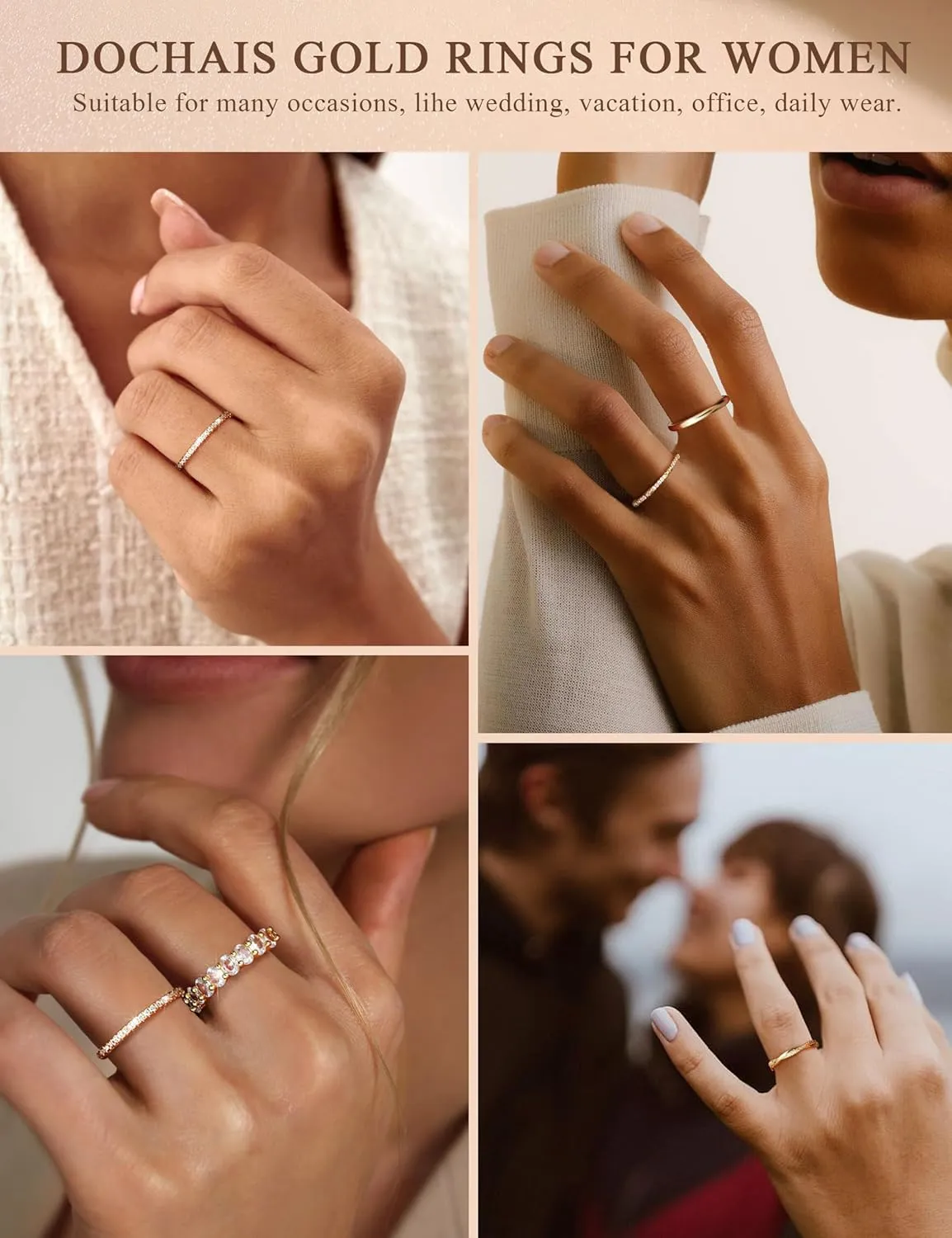 Dochais 5PCS Stackable Gold Rings for Women, Non Tarnish Dainty Cubic Zirconia Rings, 14K Gold Plated Minimalist Wedding Band Rings Set, Trendy Statement Stacking Rings Jewelry Size 5-10