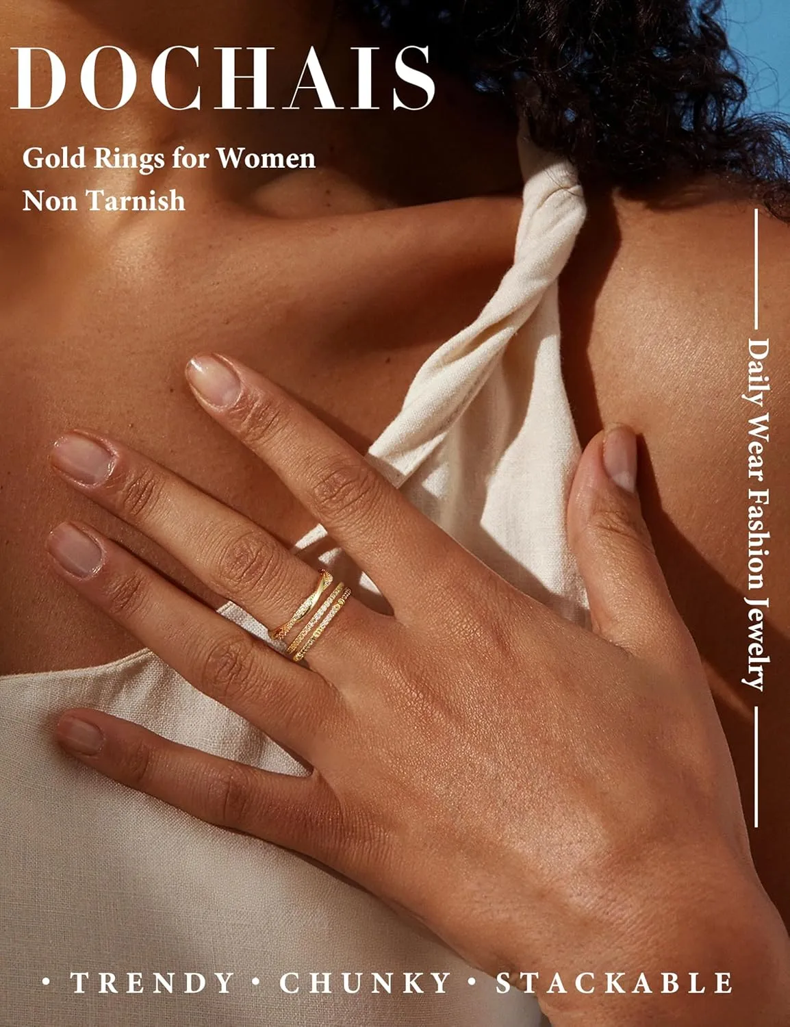 Dochais 5PCS Stackable Gold Rings for Women, Non Tarnish Dainty Cubic Zirconia Rings, 14K Gold Plated Minimalist Wedding Band Rings Set, Trendy Statement Stacking Rings Jewelry Size 5-10