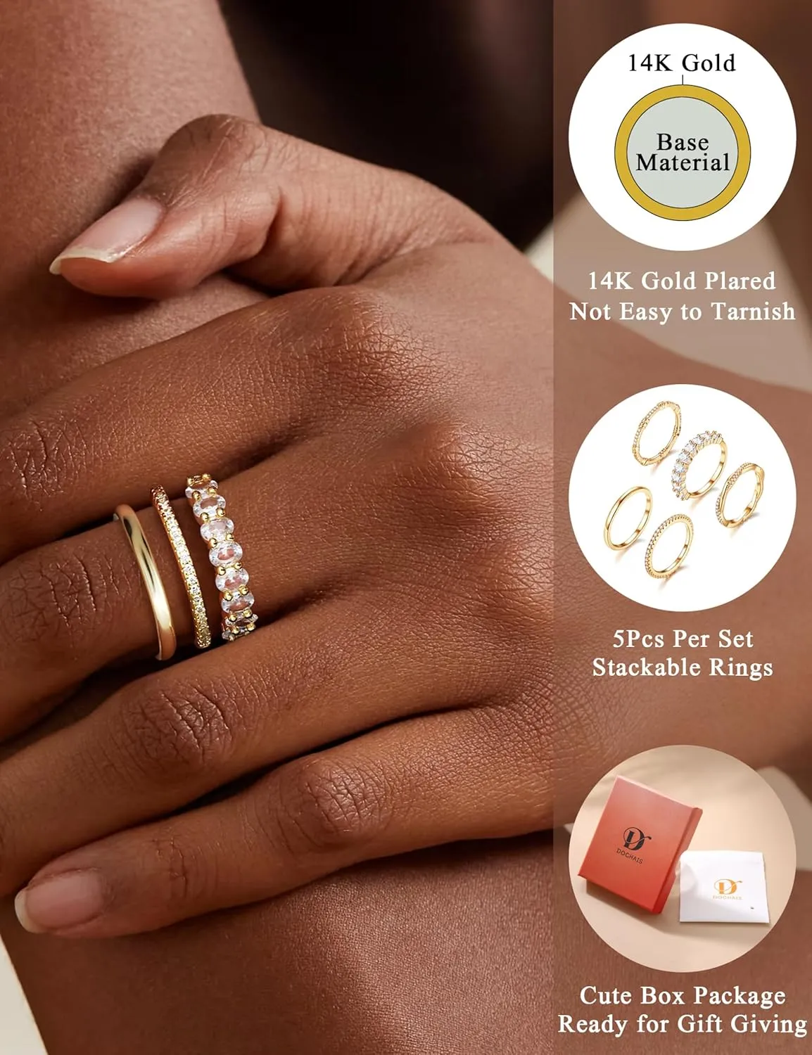 Dochais 5PCS Stackable Gold Rings for Women, Non Tarnish Dainty Cubic Zirconia Rings, 14K Gold Plated Minimalist Wedding Band Rings Set, Trendy Statement Stacking Rings Jewelry Size 5-10