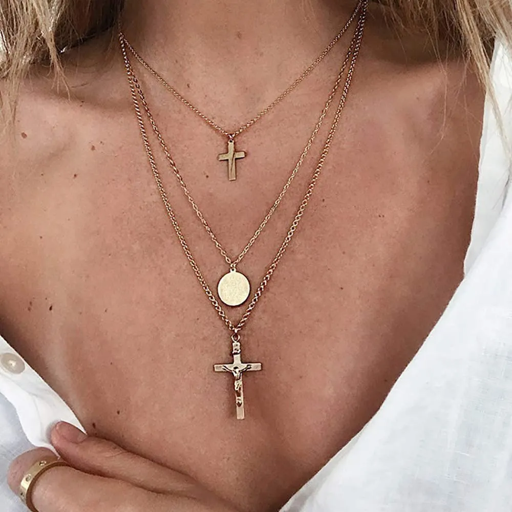 Doubnine Gold Cross Chain Crucifix Pendant Multilayer Necklace for Women Everyday Christian Religious Jewelry