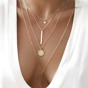 Doubnine Necklace with Star Bar Coin Pendant Gold Layered Chain Simple Disc Round Sequin Necklace Women Bridal Jewelry Gift