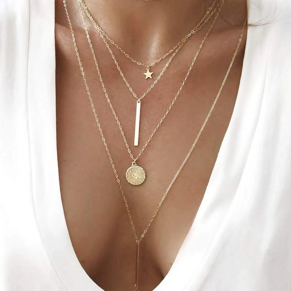Doubnine Necklace with Star Bar Coin Pendant Gold Layered Chain Simple Disc Round Sequin Necklace Women Bridal Jewelry Gift
