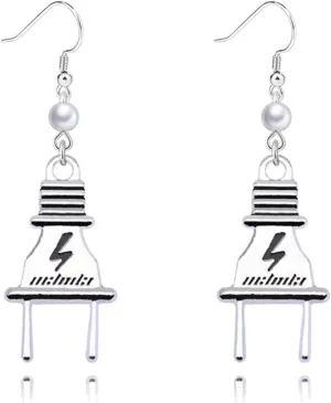 Dreuyet Electric Outlet Earrings Unique Funny Silver Plated Power Plug Socket Face Dangle Drop Weird Statement Earrings Stuff Jewelry