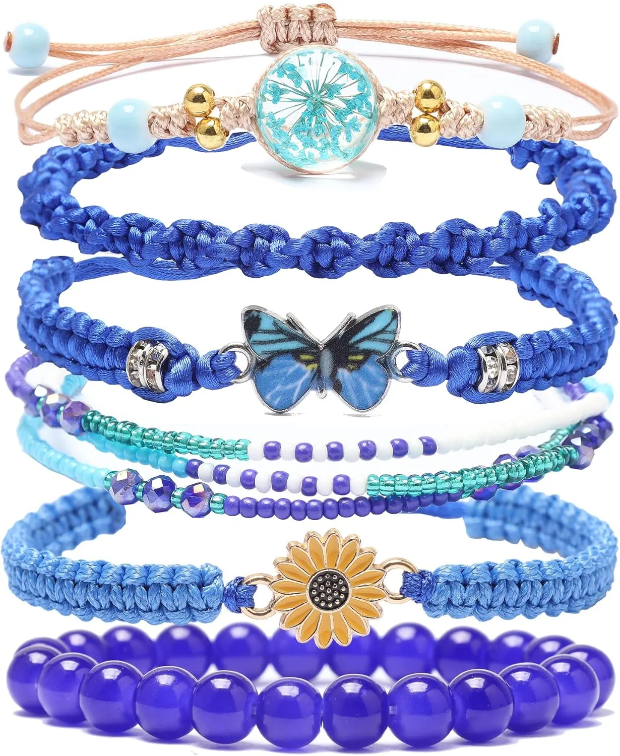 DS 6PCS String beads Charm Bracelets for Teen Girls Handmade Braided Rope Butterfly daisies Eternal flower Boho Surfer Bracelet for women Adjustable friendship Stretch birthday jewelry Gift Friends