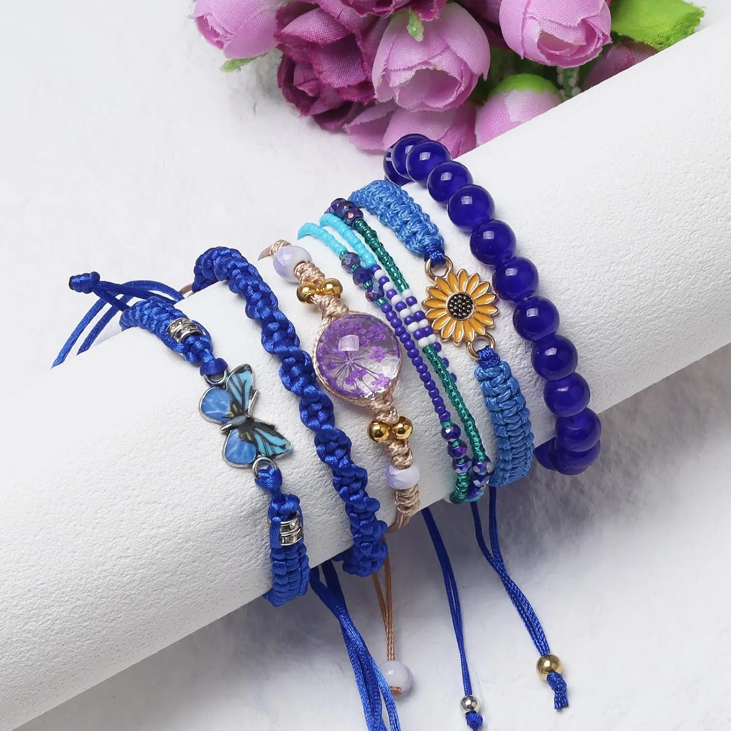 DS 6PCS String beads Charm Bracelets for Teen Girls Handmade Braided Rope Butterfly daisies Eternal flower Boho Surfer Bracelet for women Adjustable friendship Stretch birthday jewelry Gift Friends