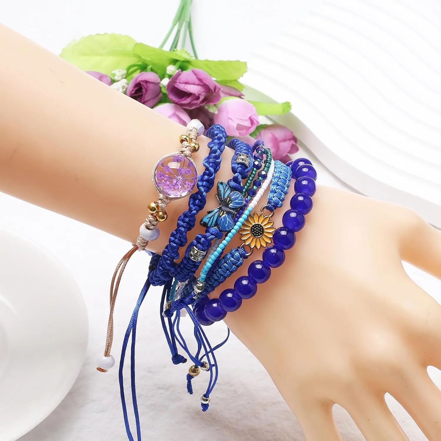DS 6PCS String beads Charm Bracelets for Teen Girls Handmade Braided Rope Butterfly daisies Eternal flower Boho Surfer Bracelet for women Adjustable friendship Stretch birthday jewelry Gift Friends