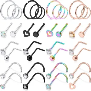 Dyknasz 20g & 18g L-Shaped Nose Studs - Surgical Stainless Steel Nose Ring Hoops with Crystal Heart - Hypoallergenic Nostril Piercing Jewelry for Women & Men