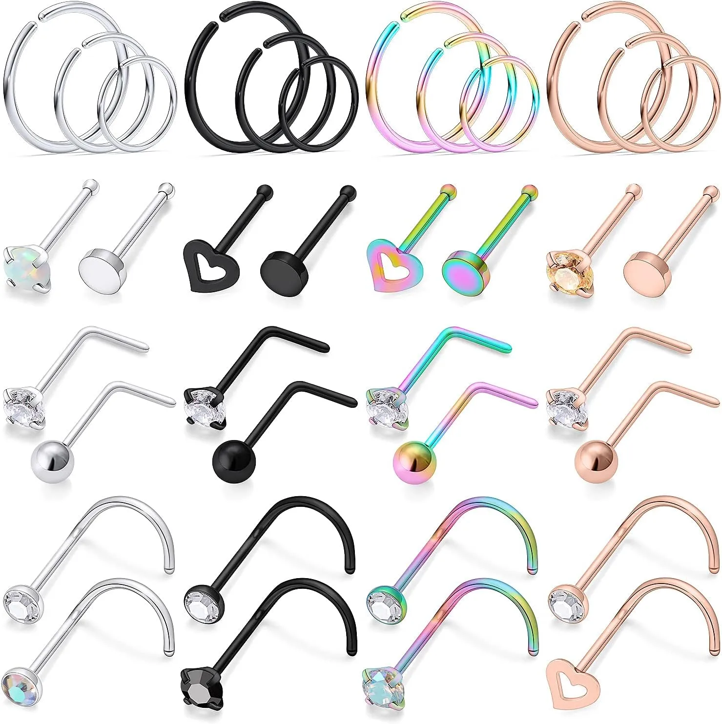 Dyknasz 20g & 18g L-Shaped Nose Studs - Surgical Stainless Steel Nose Ring Hoops with Crystal Heart - Hypoallergenic Nostril Piercing Jewelry for Women & Men